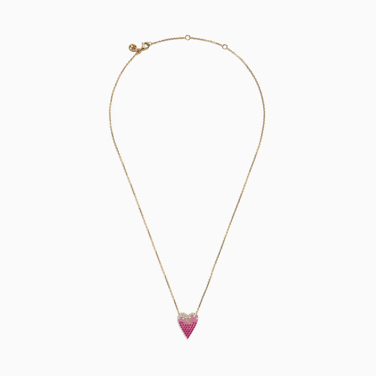 The 14K Yellow Gold Pink Sapphire and Diamond Heart Necklace features a heart-shaped pendant with pink sapphires and diamonds in a gradient design.