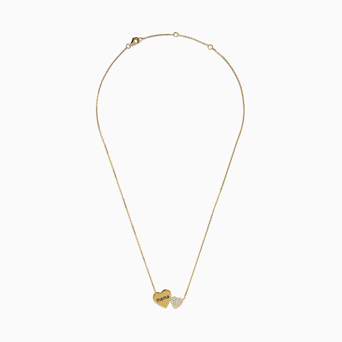 The Novelty 14K Yellow Gold Diamond Mama Heart Necklace features two pendants: one engraved with mama and a smaller, diamond-accented heart—an ideal gift to celebrate love and motherhood.