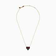 The Watercolors 14K Yellow Gold Multi Color Sapphire Heart Necklace features a gold chain and a heart-shaped pendant adorned with rainbow sapphires arranged from purple to blue.