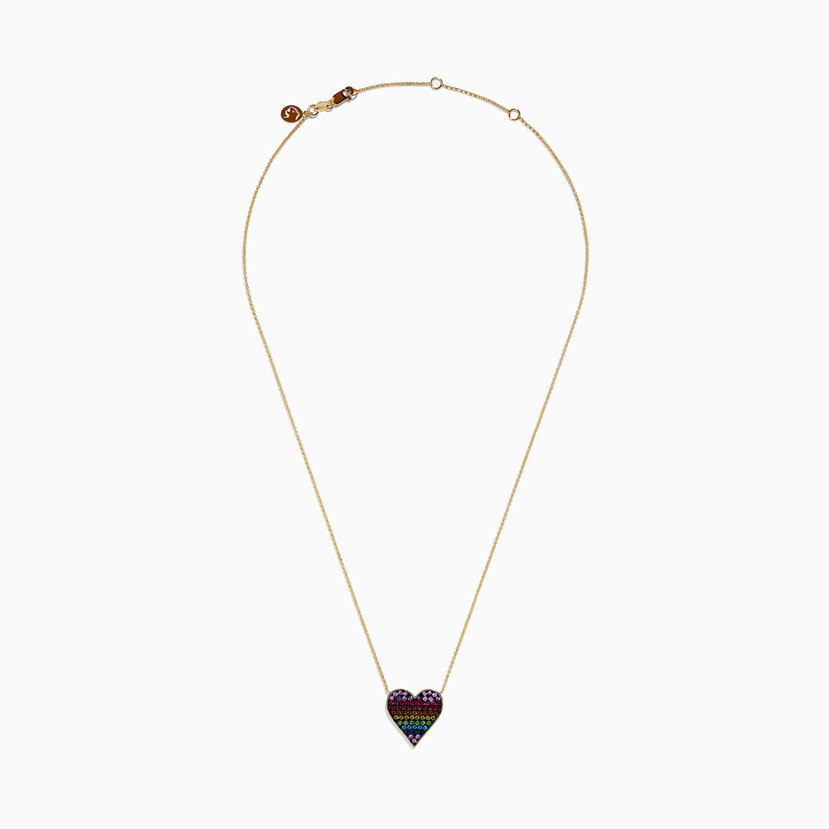 The Watercolors 14K Yellow Gold Multi Color Sapphire Heart Necklace features a gold chain and a heart-shaped pendant adorned with rainbow sapphires arranged from purple to blue.