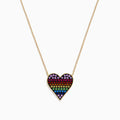 The Watercolors 14K Yellow Gold Multi Color Sapphire Heart Necklace features a gold chain and a heart-shaped pendant adorned with rainbow sapphires arranged from purple to blue.