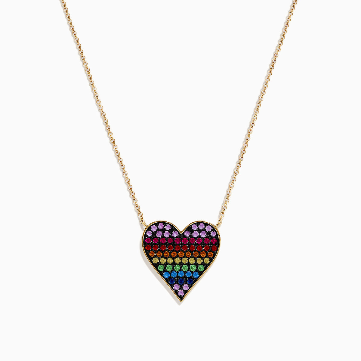 The Watercolors 14K Yellow Gold Multi Color Sapphire Heart Necklace features a gold chain and a heart-shaped pendant adorned with rainbow sapphires arranged from purple to blue.