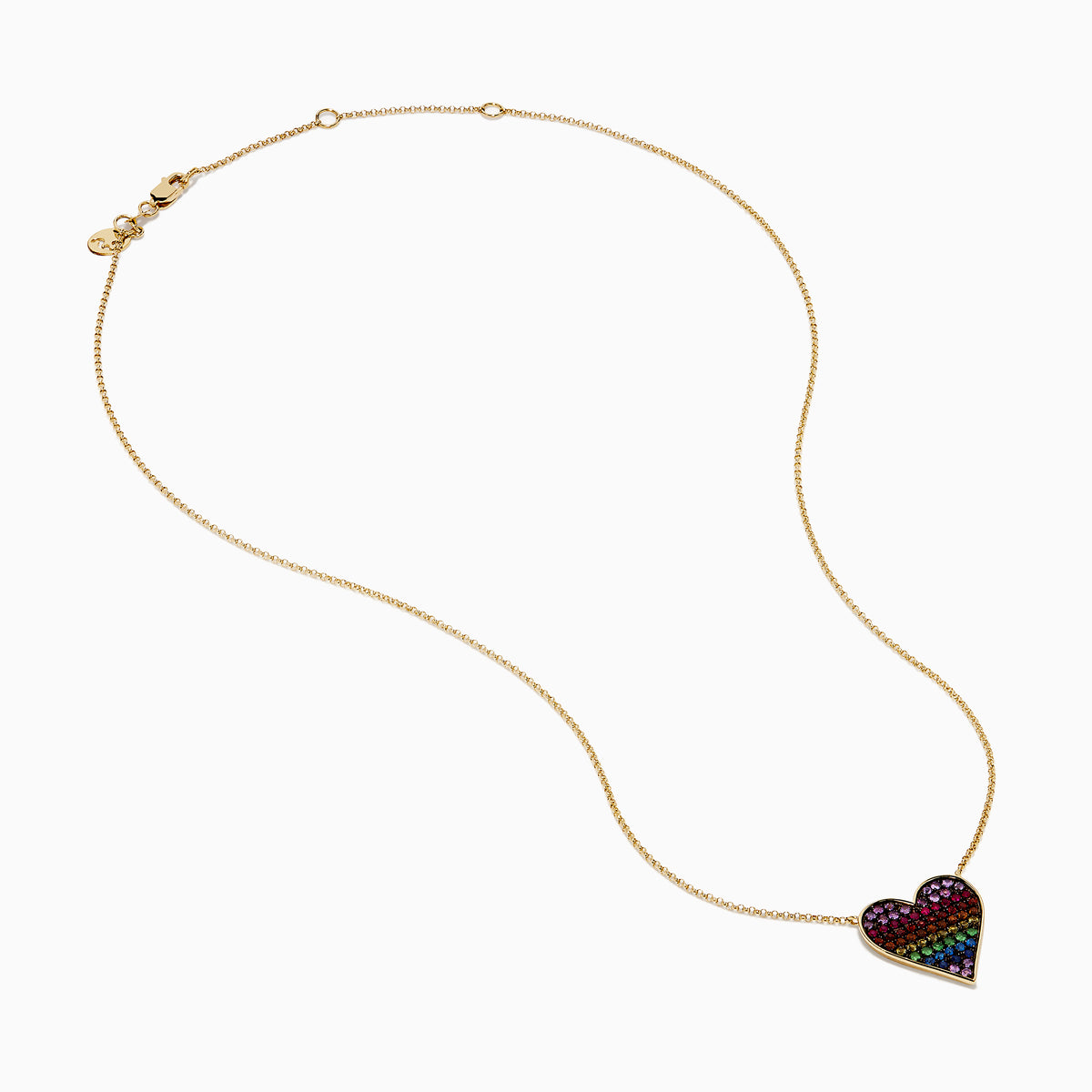 The Watercolors 14K Yellow Gold Multi Color Sapphire Heart Necklace features a gold chain and a heart-shaped pendant adorned with rainbow sapphires arranged from purple to blue.