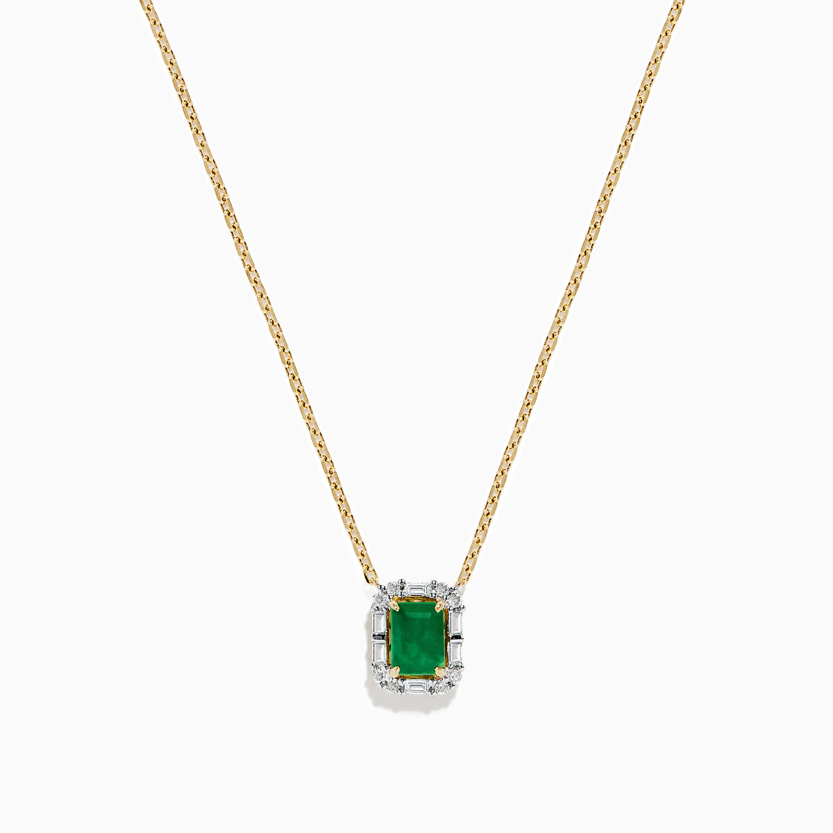 The Brasilica 14K Yellow Gold Emerald and Diamond Necklace features a rectangular emerald pendant accented with diamonds, shown on a white background.