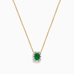 The Brasilica 14K Yellow Gold Emerald and Diamond Necklace features a rectangular emerald pendant accented with diamonds, shown on a white background.