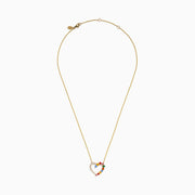 The 14K Yellow Gold Multi Sapphire and Diamond Open Heart Pendant features a heart-shaped design with one side adorned in diamonds and the other set with vibrant multicolored sapphires.