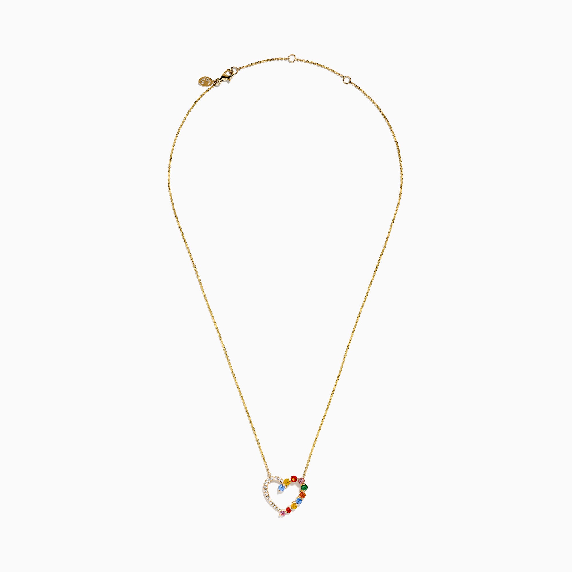 The 14K Yellow Gold Multi Sapphire and Diamond Open Heart Pendant features a heart-shaped design with one side adorned in diamonds and the other set with vibrant multicolored sapphires.