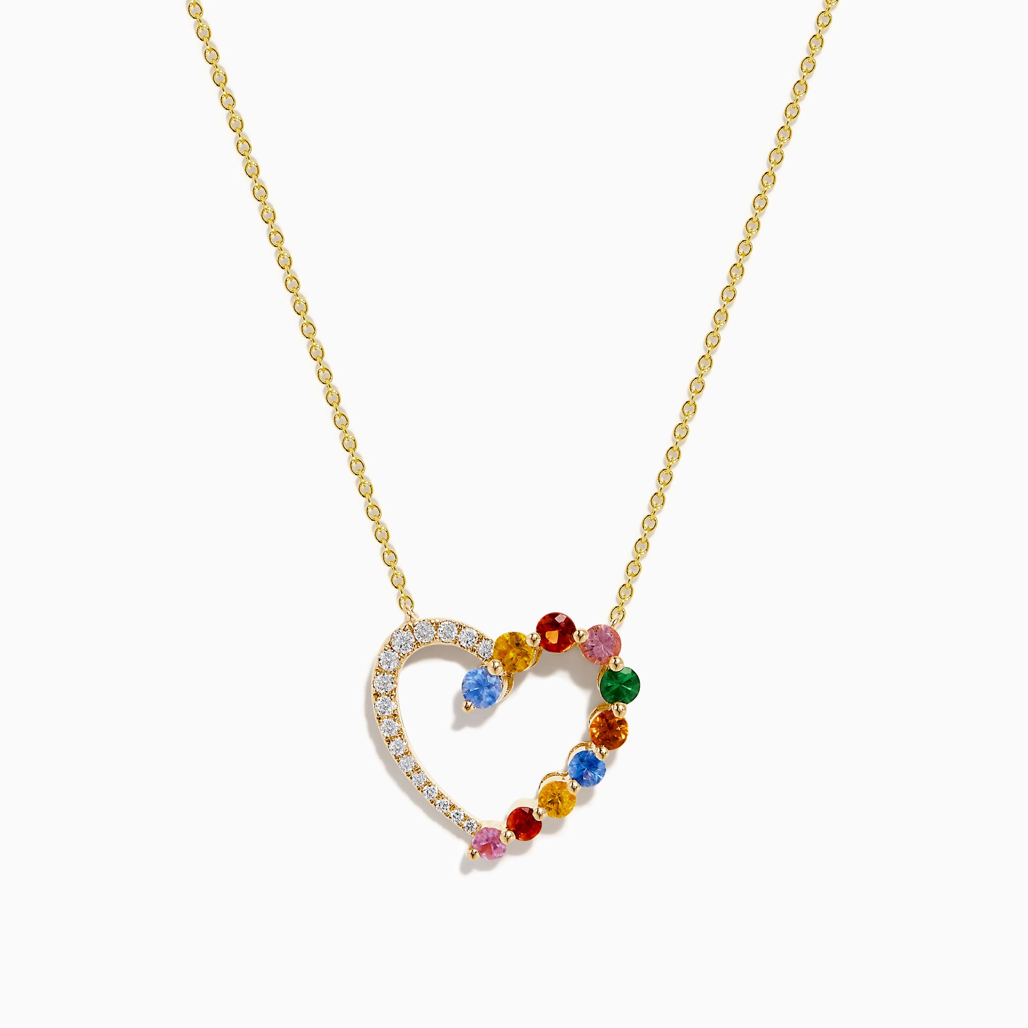 The 14K Yellow Gold Multi Sapphire and Diamond Open Heart Pendant features a heart-shaped design with one side adorned in diamonds and the other set with vibrant multicolored sapphires.