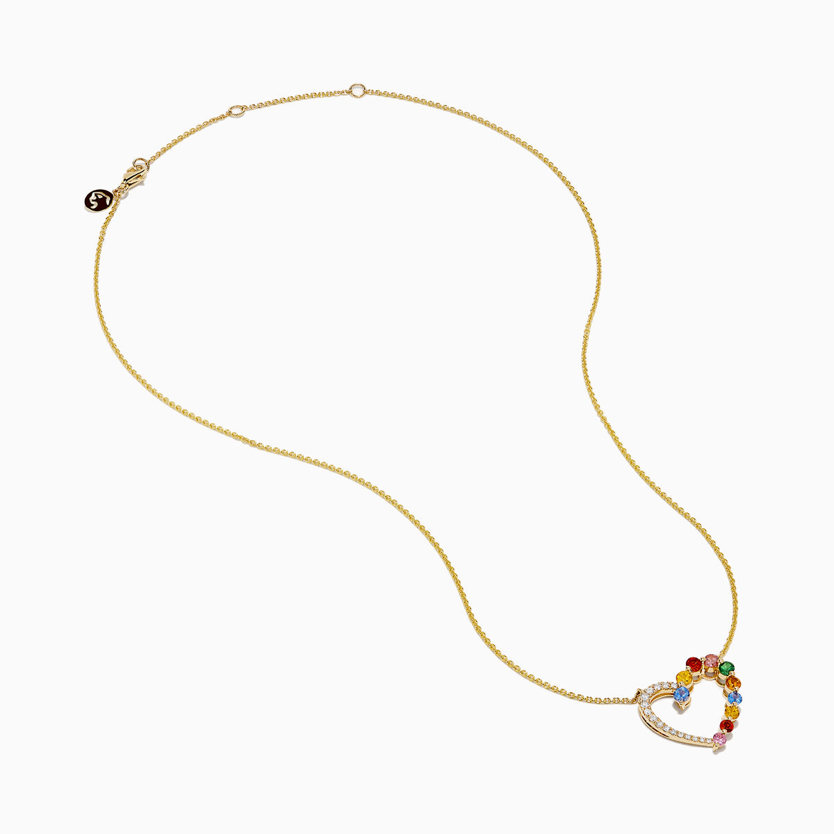 The 14K Yellow Gold Multi Sapphire and Diamond Open Heart Pendant features a heart-shaped design with one side adorned in diamonds and the other set with vibrant multicolored sapphires.