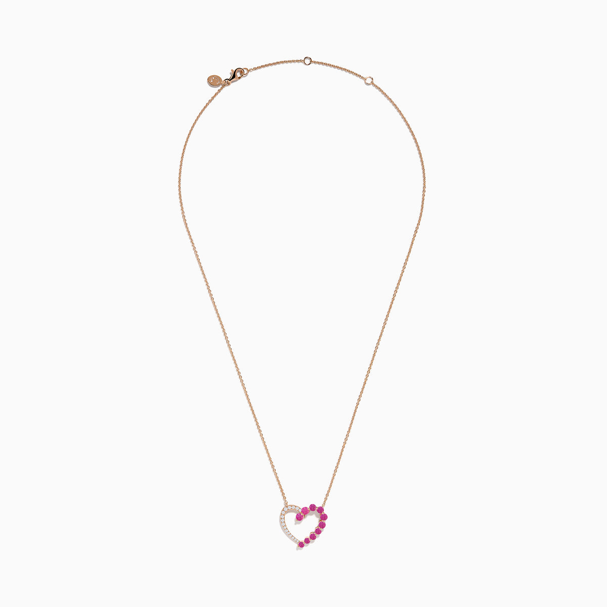 The 14K Rose Gold Pink Sapphire and Diamond Open Heart Necklace features a heart pendant, half set with white diamonds and half with vivid pink sapphires, shown on a plain white background.