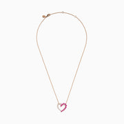 The 14K Rose Gold Pink Sapphire and Diamond Open Heart Necklace features a heart pendant, half set with white diamonds and half with vivid pink sapphires, shown on a plain white background.