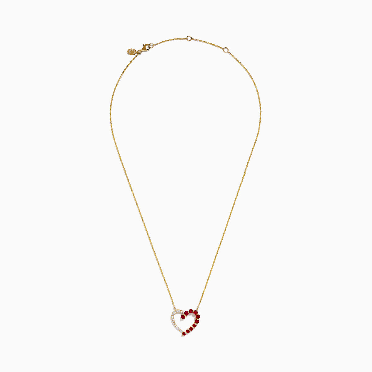 The 14K Yellow Gold Ruby and Diamond Open Heart Pendant features a chain necklace with one half adorned in sparkling diamonds and the other shimmering with vibrant red rubies.