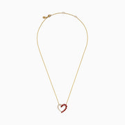 The 14K Yellow Gold Ruby and Diamond Open Heart Pendant features a chain necklace with one half adorned in sparkling diamonds and the other shimmering with vibrant red rubies.