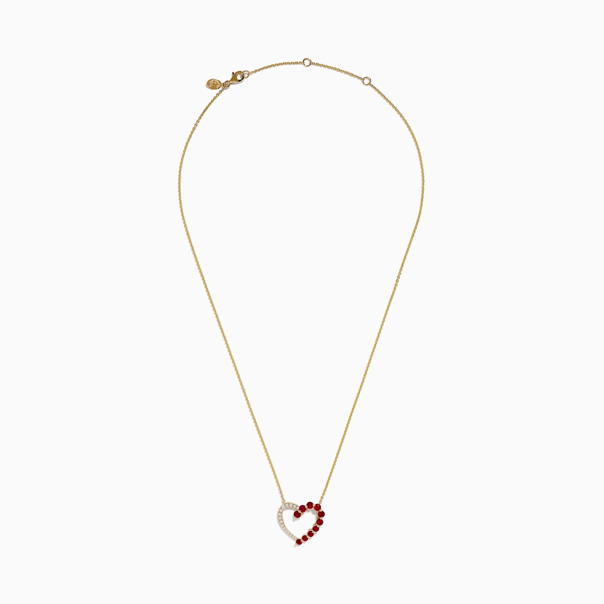 The 14K Yellow Gold Ruby and Diamond Open Heart Pendant features a chain necklace with one half adorned in sparkling diamonds and the other shimmering with vibrant red rubies.