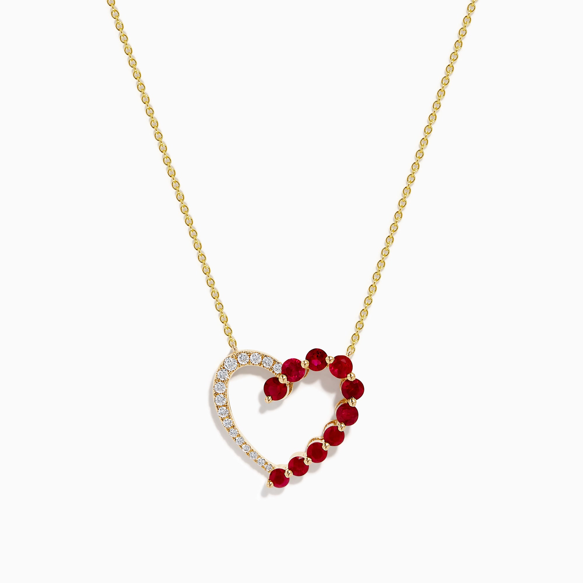 The 14K Yellow Gold Ruby and Diamond Open Heart Pendant features a chain necklace with one half adorned in sparkling diamonds and the other shimmering with vibrant red rubies.