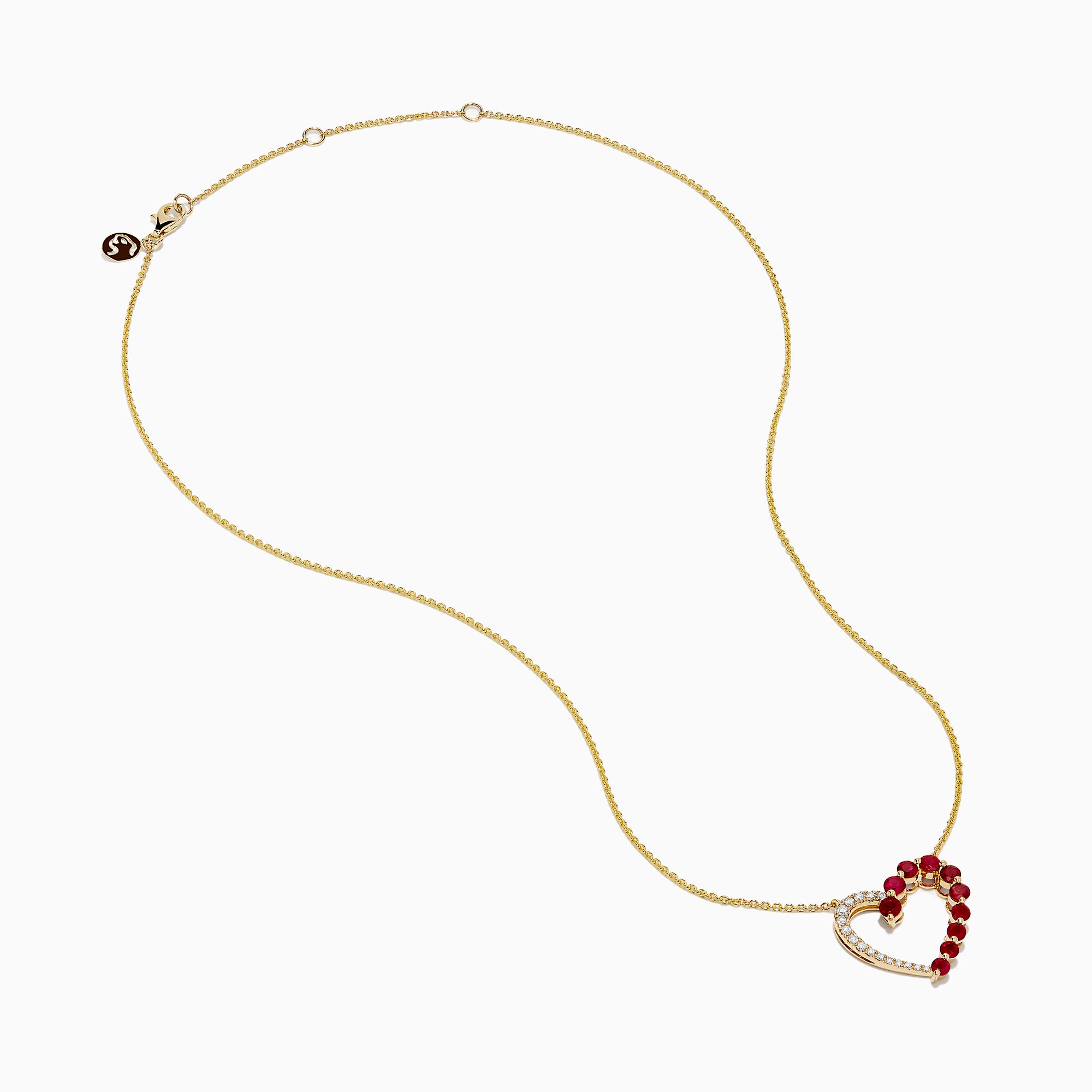 The 14K Yellow Gold Ruby and Diamond Open Heart Pendant features a chain necklace with one half adorned in sparkling diamonds and the other shimmering with vibrant red rubies.