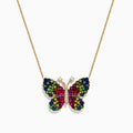 The Watercolors 14 Karat Yellow Gold Multi Sapphire Butterfly Necklace features a pendant set with blue, green, yellow, and pink sapphires, plus two diamond-like accents on the butterfly’s antennae.