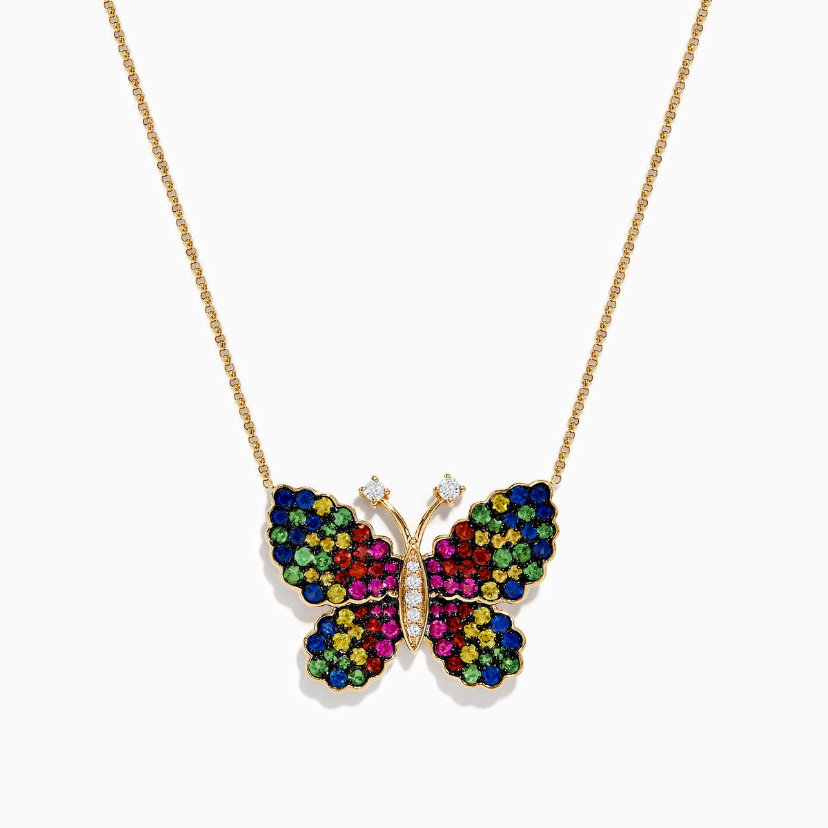 The Watercolors 14 Karat Yellow Gold Multi Sapphire Butterfly Necklace features a pendant set with blue, green, yellow, and pink sapphires, plus two diamond-like accents on the butterfly’s antennae.