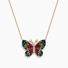The Watercolors 14 Karat Yellow Gold Multi Sapphire Butterfly Necklace features a pendant set with blue, green, yellow, and pink sapphires, plus two diamond-like accents on the butterfly’s antennae.