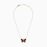 The Watercolors 14 Karat Yellow Gold Multi Sapphire Butterfly Necklace features a pendant set with blue, green, yellow, and pink sapphires, plus two diamond-like accents on the butterfly’s antennae.