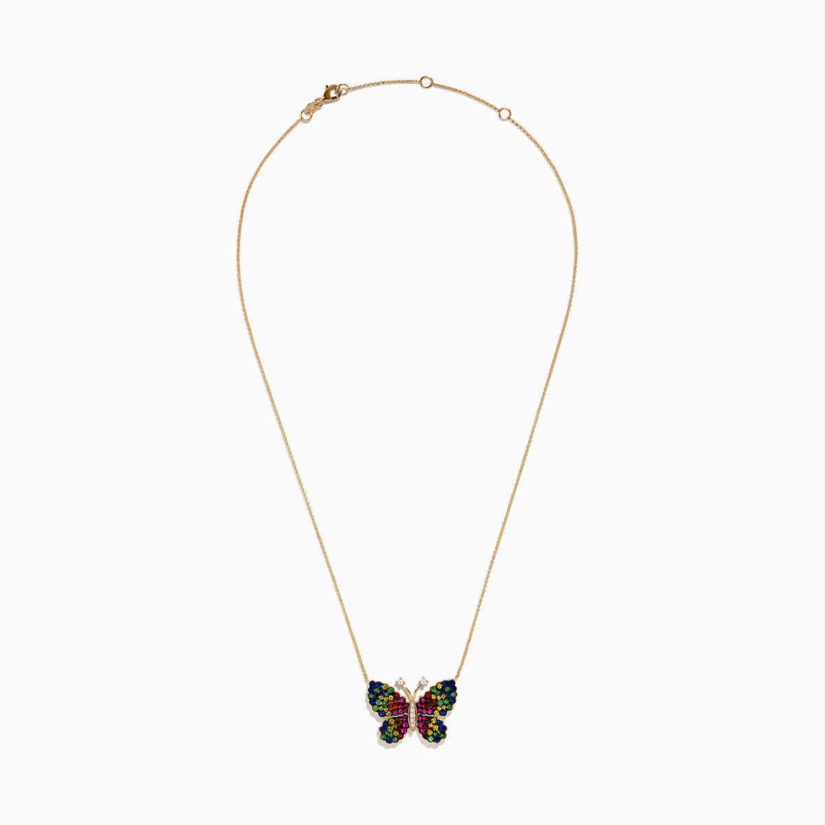 The Watercolors 14 Karat Yellow Gold Multi Sapphire Butterfly Necklace features a pendant set with blue, green, yellow, and pink sapphires, plus two diamond-like accents on the butterfly’s antennae.