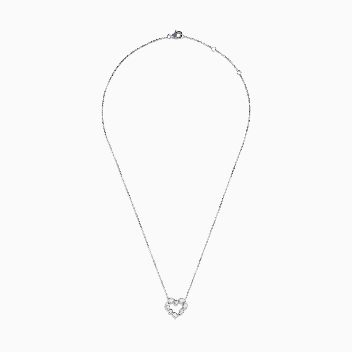 The Novelty 14K White Gold Multi Shape Diamond Heart Necklace features a heart pendant outlined with sparkling diamonds in various shapes, all set in elegant 14K white gold.