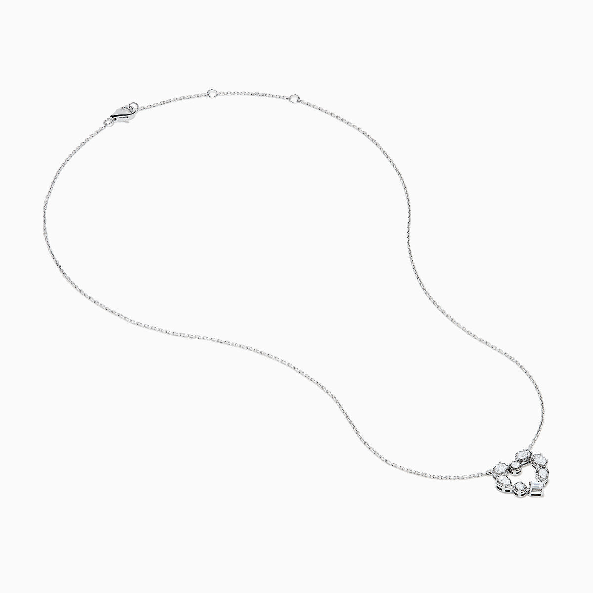 The Novelty 14K White Gold Multi Shape Diamond Heart Necklace features a heart pendant outlined with sparkling diamonds in various shapes, all set in elegant 14K white gold.