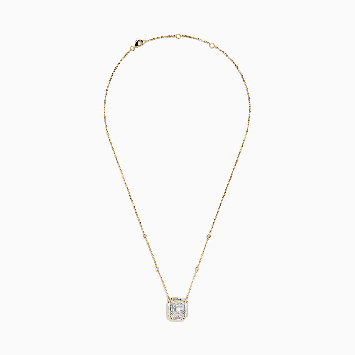 The 14K Yellow Gold Multi Shape Diamond Illusion Set Halo Pendant features a rectangular emerald-cut center with a diamond halo and a chain accented by evenly spaced round diamonds.