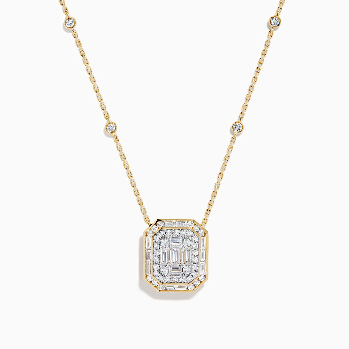 The 14K Yellow Gold Multi Shape Diamond Illusion Set Halo Pendant features a rectangular emerald-cut center with a diamond halo and a chain accented by evenly spaced round diamonds.