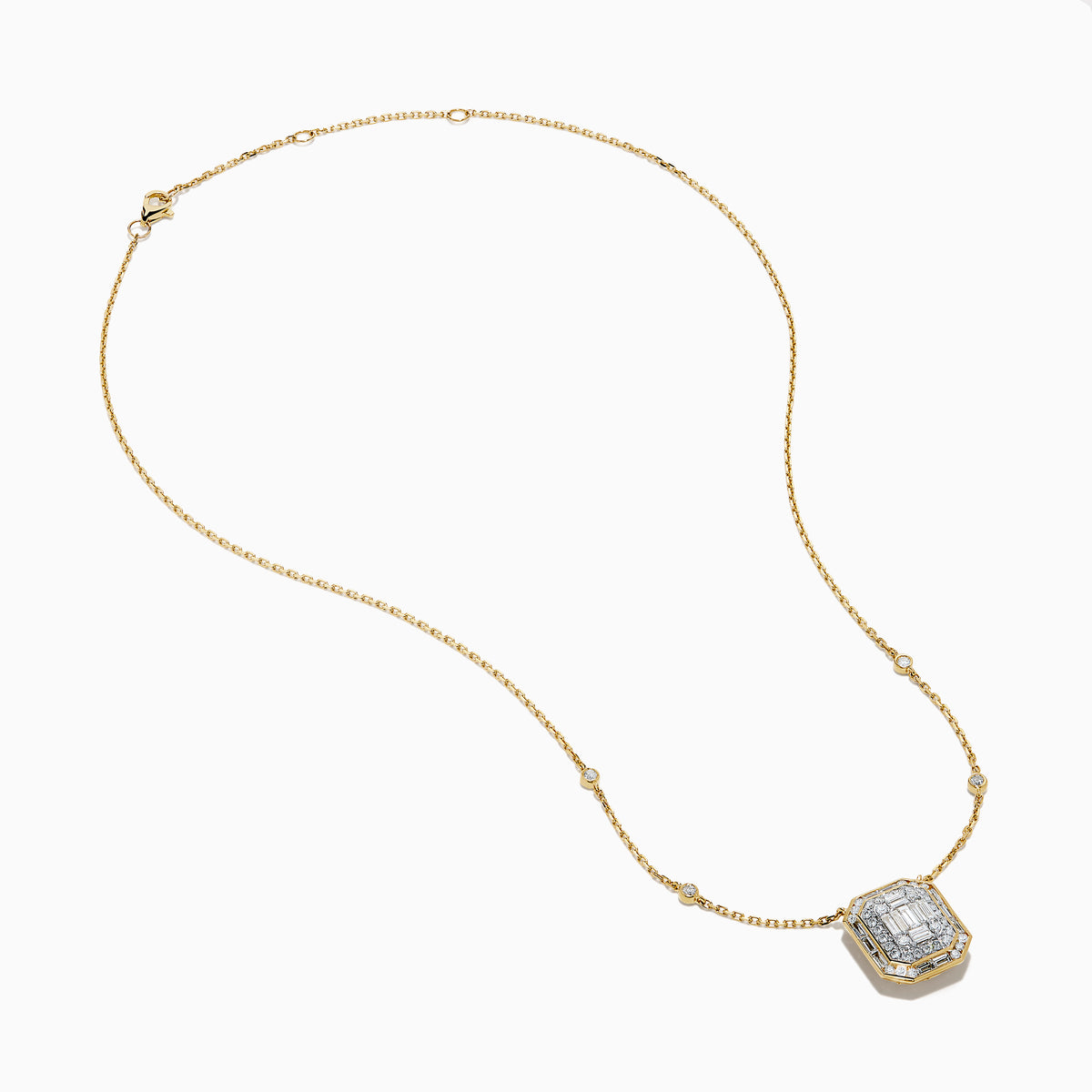 The 14K Yellow Gold Multi Shape Diamond Illusion Set Halo Pendant features a rectangular emerald-cut center with a diamond halo and a chain accented by evenly spaced round diamonds.