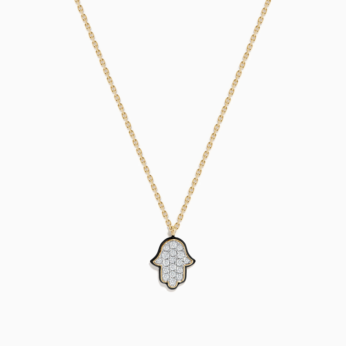 The Novelty 14K Yellow Gold Diamond Hamsa Pendant necklace features a diamond-studded Hamsa outlined in black on a gold chain, adding elegant sparkle to any look. Shown on a plain white background.