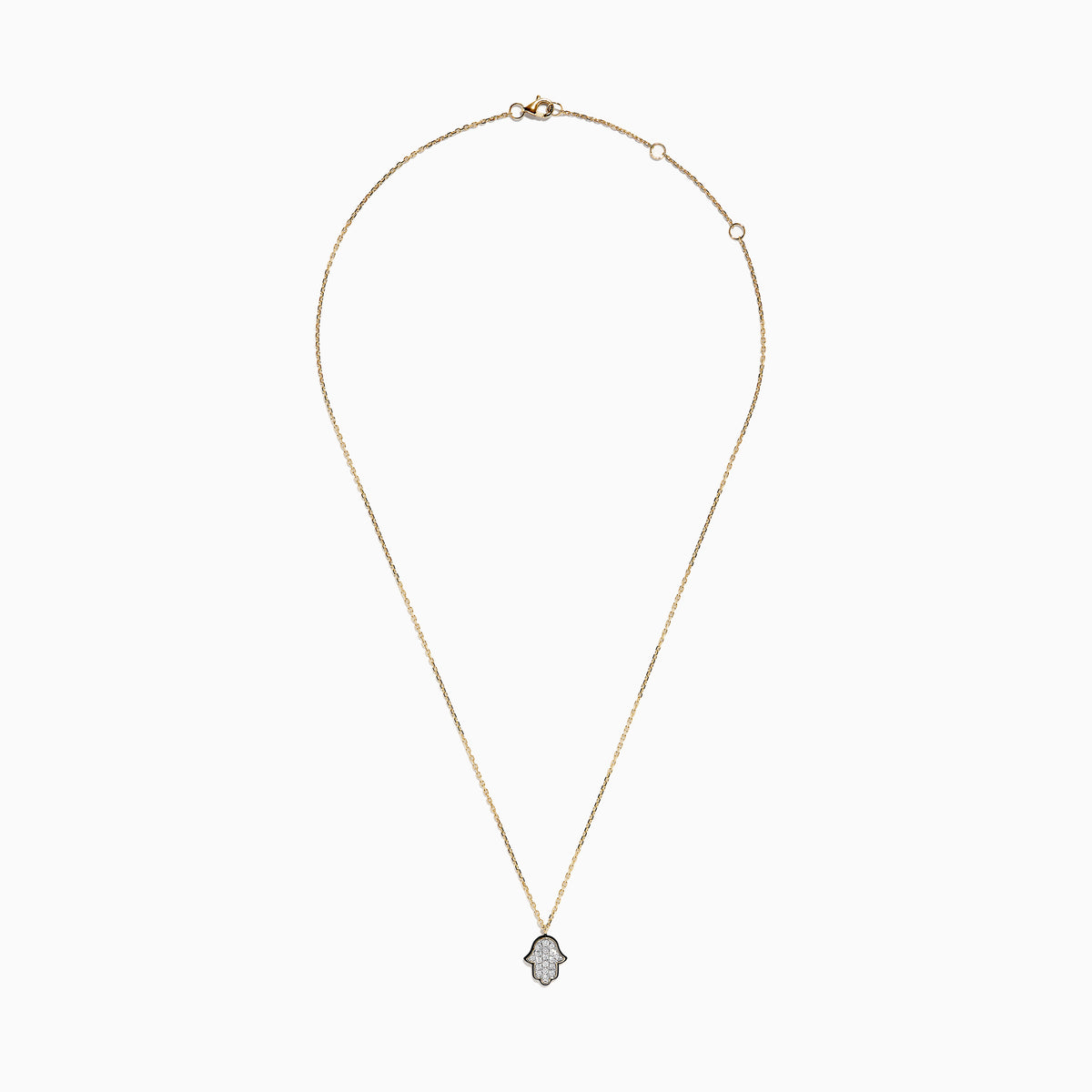 The Novelty 14K Yellow Gold Diamond Hamsa Pendant necklace features a diamond-studded Hamsa outlined in black on a gold chain, adding elegant sparkle to any look. Shown on a plain white background.