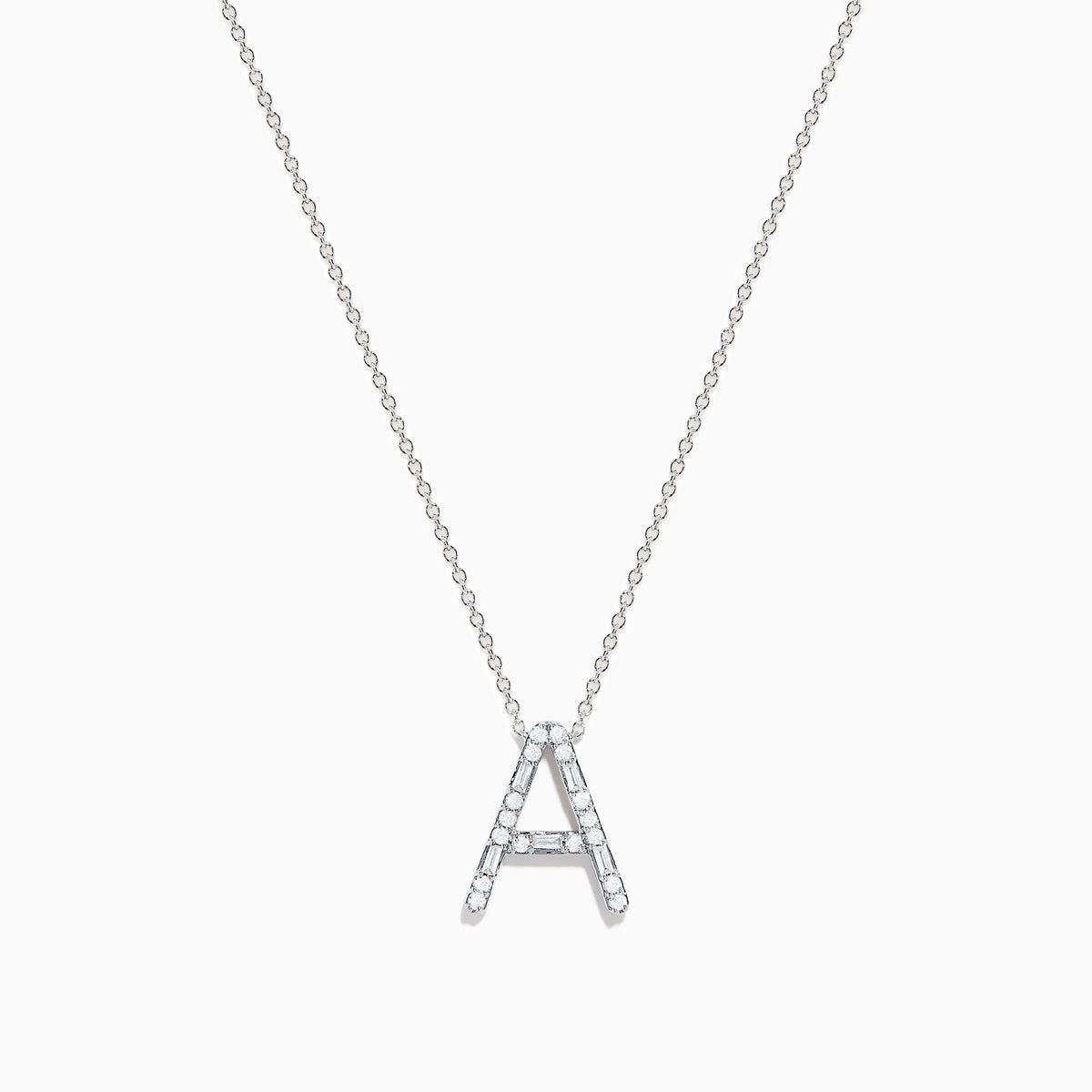 The 14K White Gold Diamond Initial A Pendant features a delicate letter A design adorned with sparkling diamonds, shown against a plain white background.