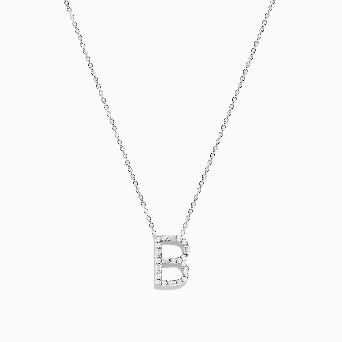 The 14K White Gold Diamond Initial B Pendant is displayed against a plain white background, featuring a delicate design with sparkling diamonds.