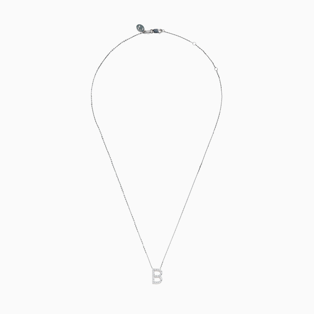 The 14K White Gold Diamond Initial B Pendant is displayed against a plain white background, featuring a delicate design with sparkling diamonds.