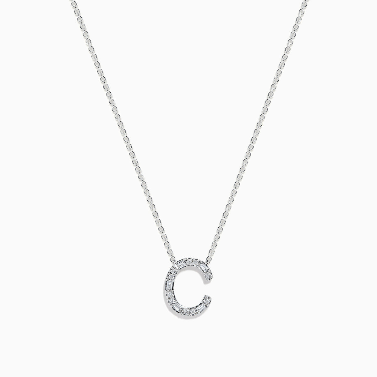 The 14 Karat White Gold Initial C Diamond Necklace features a pendant set with sparkling diamonds on a sleek white gold chain, shown against a plain white background.
