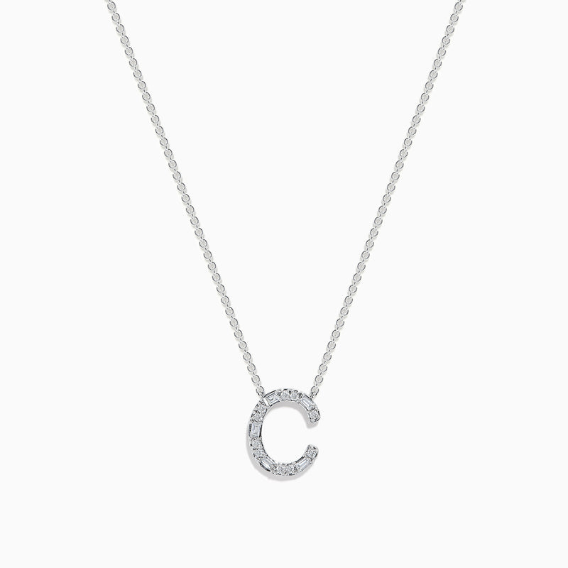 The 14 Karat White Gold Initial C Diamond Necklace features a pendant set with sparkling diamonds on a sleek white gold chain, shown against a plain white background.