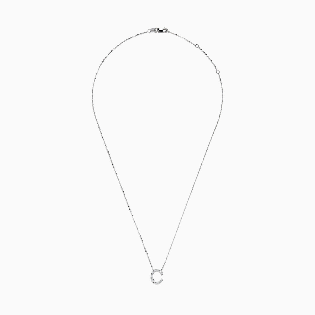 The 14 Karat White Gold Initial C Diamond Necklace features a pendant set with sparkling diamonds on a sleek white gold chain, shown against a plain white background.
