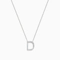 The 14K White Gold Diamond Initial D Pendant is shown against a plain white background, featuring a delicate design encrusted with sparkling diamonds.