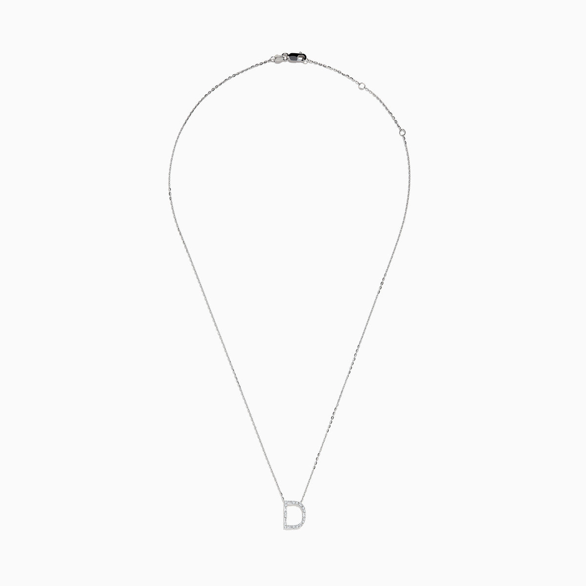 The 14K White Gold Diamond Initial D Pendant is shown against a plain white background, featuring a delicate design encrusted with sparkling diamonds.
