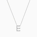 The 14K White Gold Diamond Initial E Pendant necklace, featuring sparkling diamonds, is displayed on a white background.
