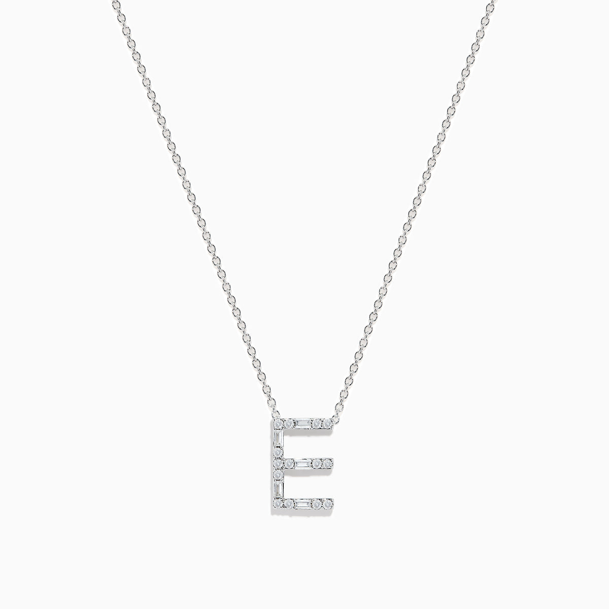 The 14K White Gold Diamond Initial E Pendant necklace, featuring sparkling diamonds, is displayed on a white background.