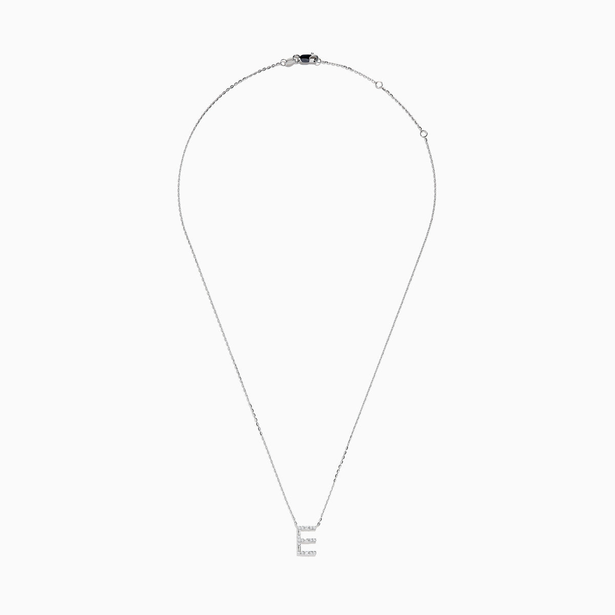 The 14K White Gold Diamond Initial E Pendant necklace, featuring sparkling diamonds, is displayed on a white background.