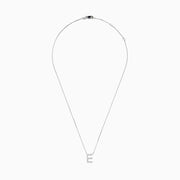 The 14K White Gold Diamond Initial E Pendant necklace, featuring sparkling diamonds, is displayed on a white background.