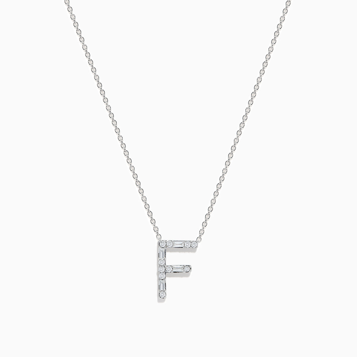 This 14K White Gold Diamond Initial F Pendant features a delicate chain and sparkling diamonds, showcasing signature Effy style.