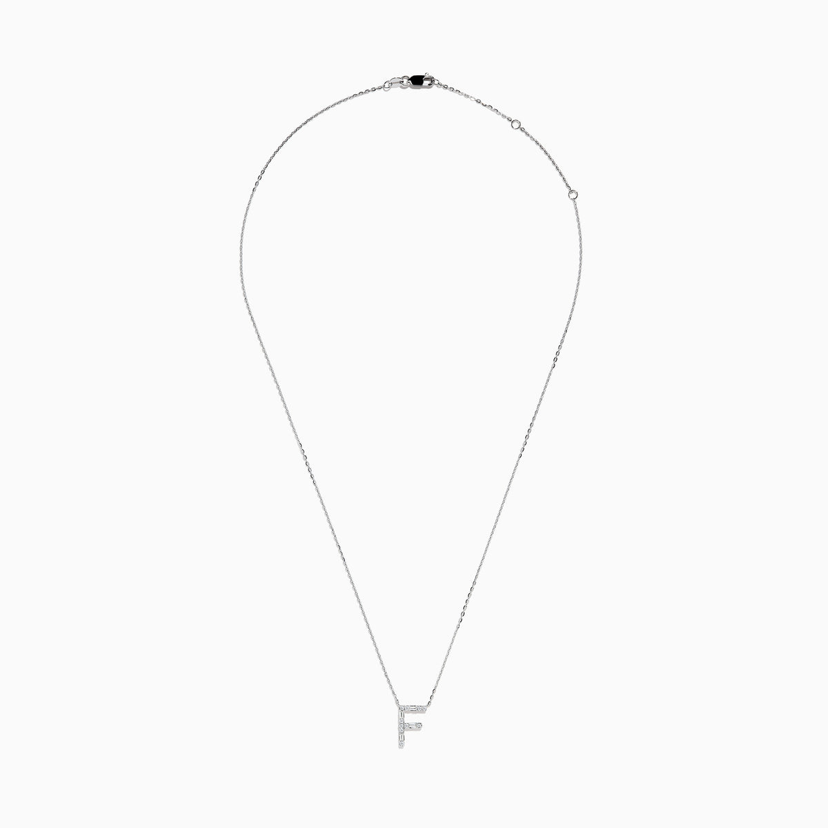 This 14K White Gold Diamond Initial F Pendant features a delicate chain and sparkling diamonds, showcasing signature Effy style.