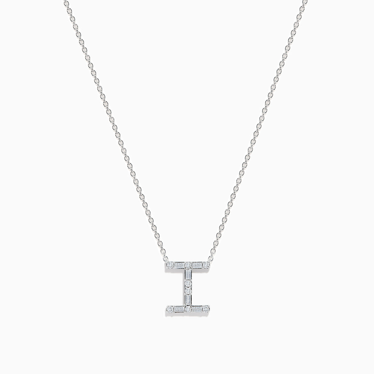 The 14K White Gold Diamond Initial I Pendant features a delicate white gold chain and is adorned with sparkling diamonds.