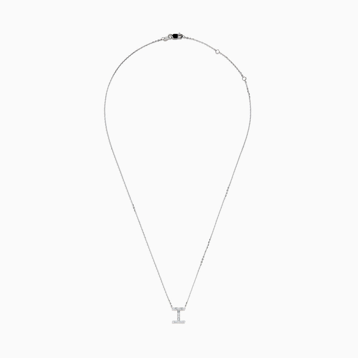 The 14K White Gold Diamond Initial I Pendant features a delicate white gold chain and is adorned with sparkling diamonds.