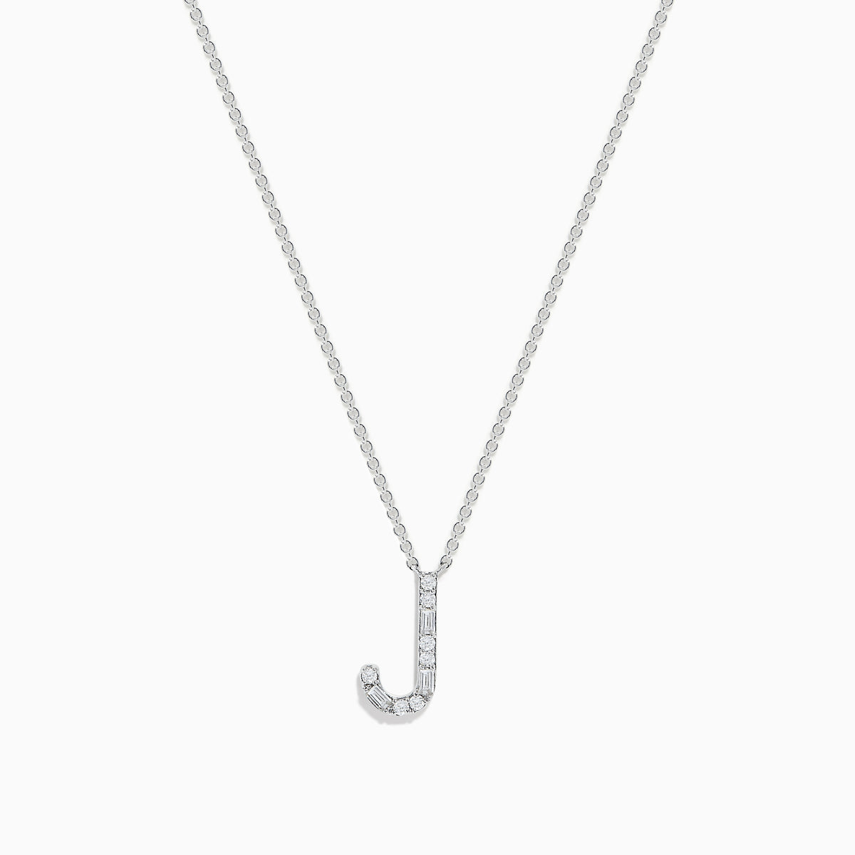 The 14 Karat White Gold Initial J Diamond Necklace showcases a white gold pendant in the shape of J, accented with sparkling diamonds for a refined and elegant look.