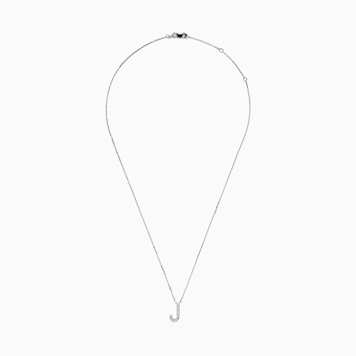 The 14 Karat White Gold Initial J Diamond Necklace showcases a white gold pendant in the shape of J, accented with sparkling diamonds for a refined and elegant look.